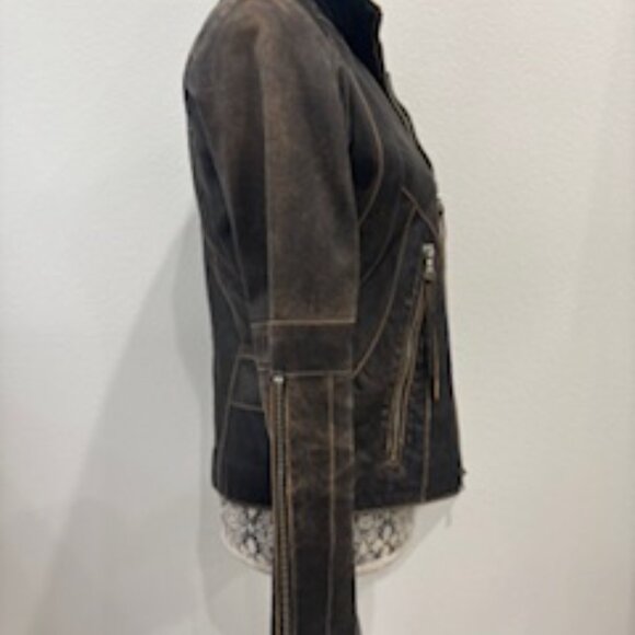Andrew Marc New York Brown Distressed Leather Moto Jacket Small - Picture 3 of 9